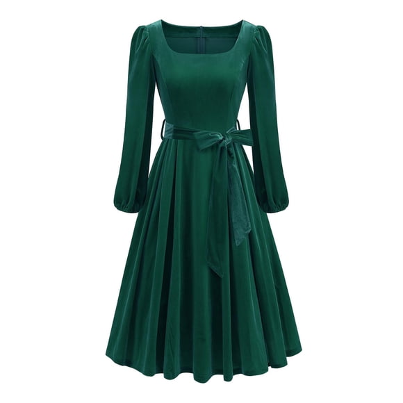 Holiday Saving! HVOBTTY Women's Long Sleeve Formal Elegant Dresses, Ladies' Winter Vintage Golden Velvet Long-sleeved Crew-neck Dress Formal Dress Green, L