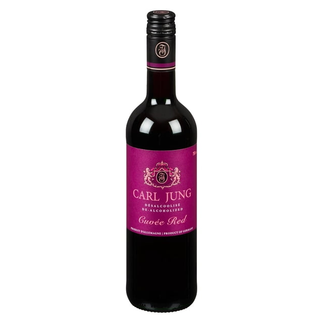 Carl Jung Vin Rouge de Cuvée Désalcoolisé Bouteille de 750 ml avec Verre Foncé et Étiquette magenta Présentant la Marque et le Nom du Produit, Scellée avec Bouchon à Vis Noir. Ce Vin Rouge Allemand Non Alcoolisé Offre de Riches notes de Petits Fruits et une Finition Lisse, Convient aux occasions Élégantes de Boissons Non Alcoolisées.