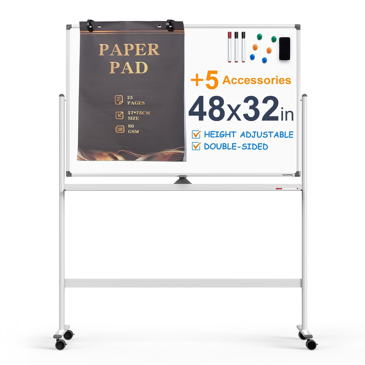Large Dry-Erase Rolling Magnetic Whiteboard - 48 x 32 Inches Dry Erase Board with Stand Height Adjust Double Sides Mobile White Board Easel on Wheels with 25 Sheets Paper Pad Office, Home & Classroom