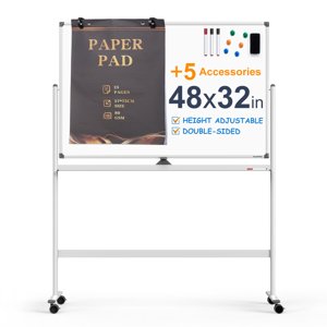 Grand tableau blanc magnétique à effet sec - 48 x 32 Inches Dry Erase Board avec Stand Hauteur Réglage Double Sides Mobile White Board Easel sur roues avec 25 Feuilles Plaque en papier Office, Sommaire & Salle de classe