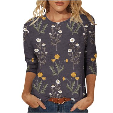 KIHOUT Womens Spring Shirts Ladies Fashion Printed Loose T-shirt 3/4 Sleeves Blouse Round Neck Casual Tops