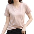 thumbnail image 1 of Women's Striped Retro Top Korean Style Full Loose Round Neck Short Sleeve Design Sense Color Contrast T Shirt, 1 of 4