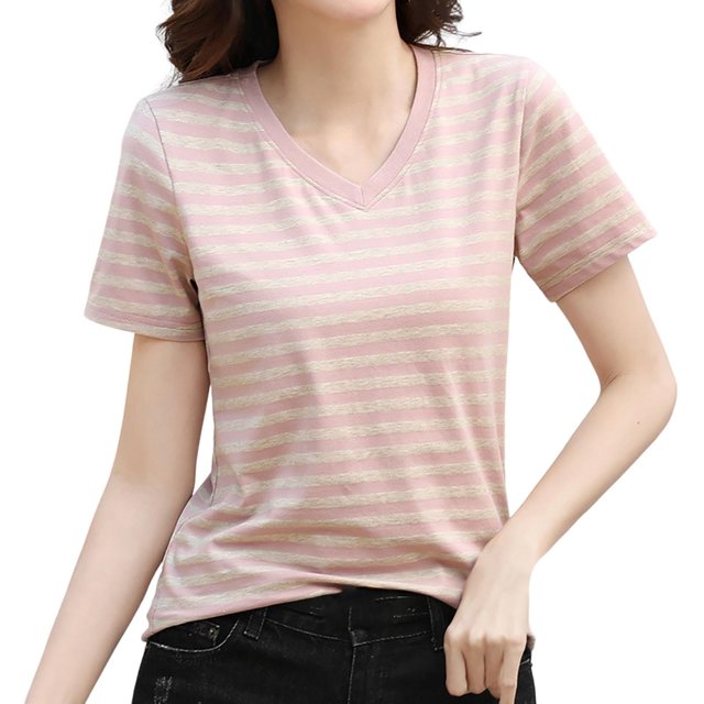 Women's Striped Retro Top Korean Style Full Loose Round Neck Short Sleeve Design Sense Color Contrast T Shirt