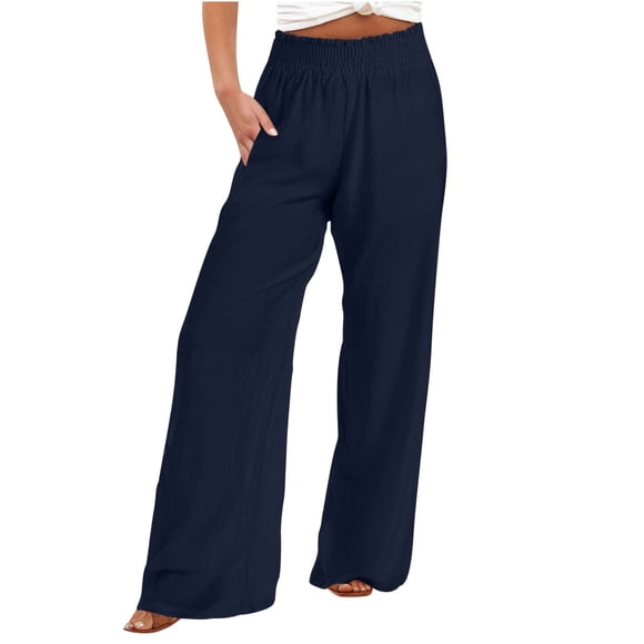 lcziwo Women Summer High Waisted Cotton Linen Palazzo Pants Wide Leg Long Lounge Pant Trousers with Pocket,Navy,L
