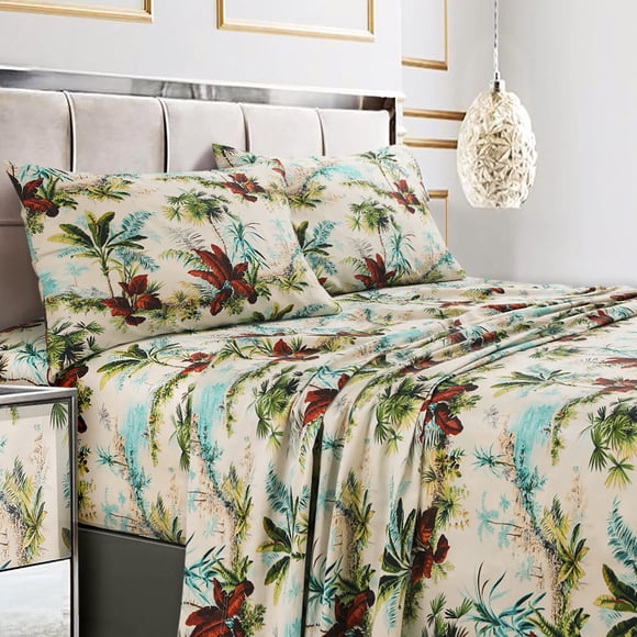 Tribeca Living California King Bed Sheet Set, 300 Thread Count Soft Cotton Sateen, Floral Print with Extra Deep Pockets, 4-Piece Bedding Set, Paradise Island Multicolor
