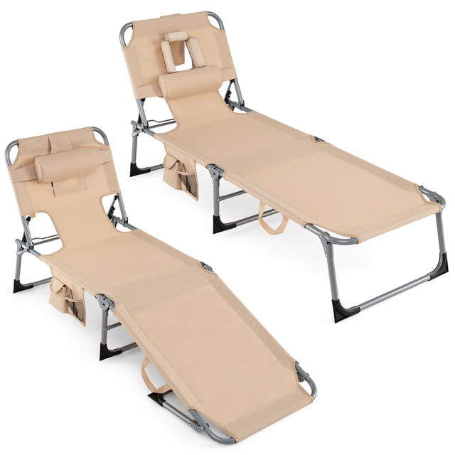 Goplus 2 Pcs Chaise Longue de Plage d'Extérieur Pliante avec Oreiller Beige