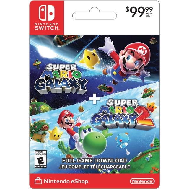 Super Mario Galaxy + Super Mario Galaxy 2 Nintendo Switch 2 Carte de Code Numérique Mettant en Vedette Mario Volant avec un Luma et Mario Chevauchant Yoshi sur un Fond Spatial Coloré, Montrant la Marque Nintendo Switch et au Prix de 99,99 $ pour le Téléchargement Complet du Jeu via l'Eshop Nintendo.