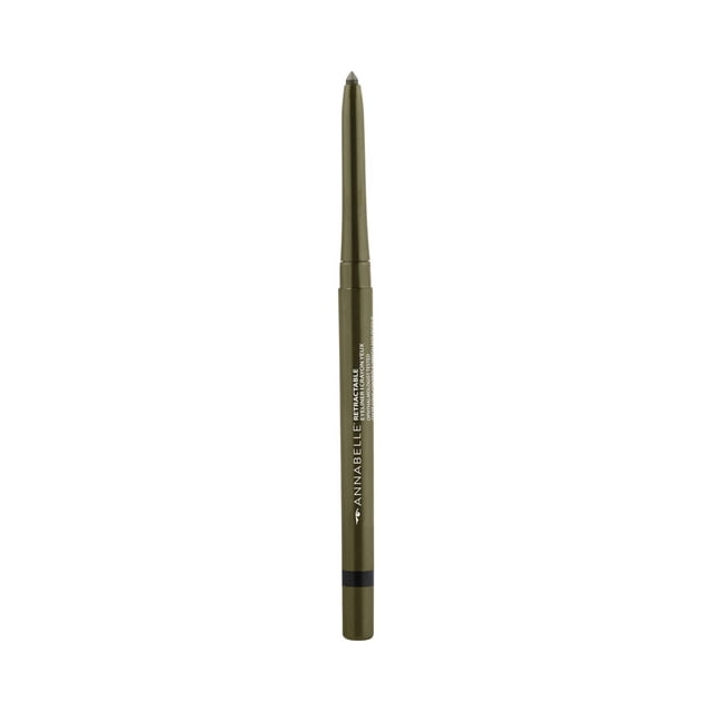 Annabelle Retractable Eyeliner in Peacock, a slim retractable pencil with creamy, waterproof formula and olive-green casing with white branding, featuring a built-in sharpener for easy, long-lasting application and precise lash line definition.