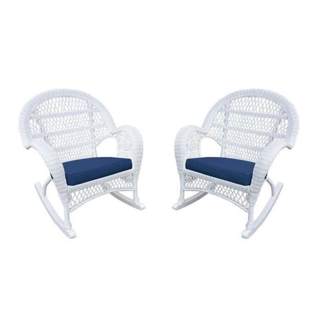 Jeco Wicker Rocker Chair in White with Blue Cushion (Set of 4)