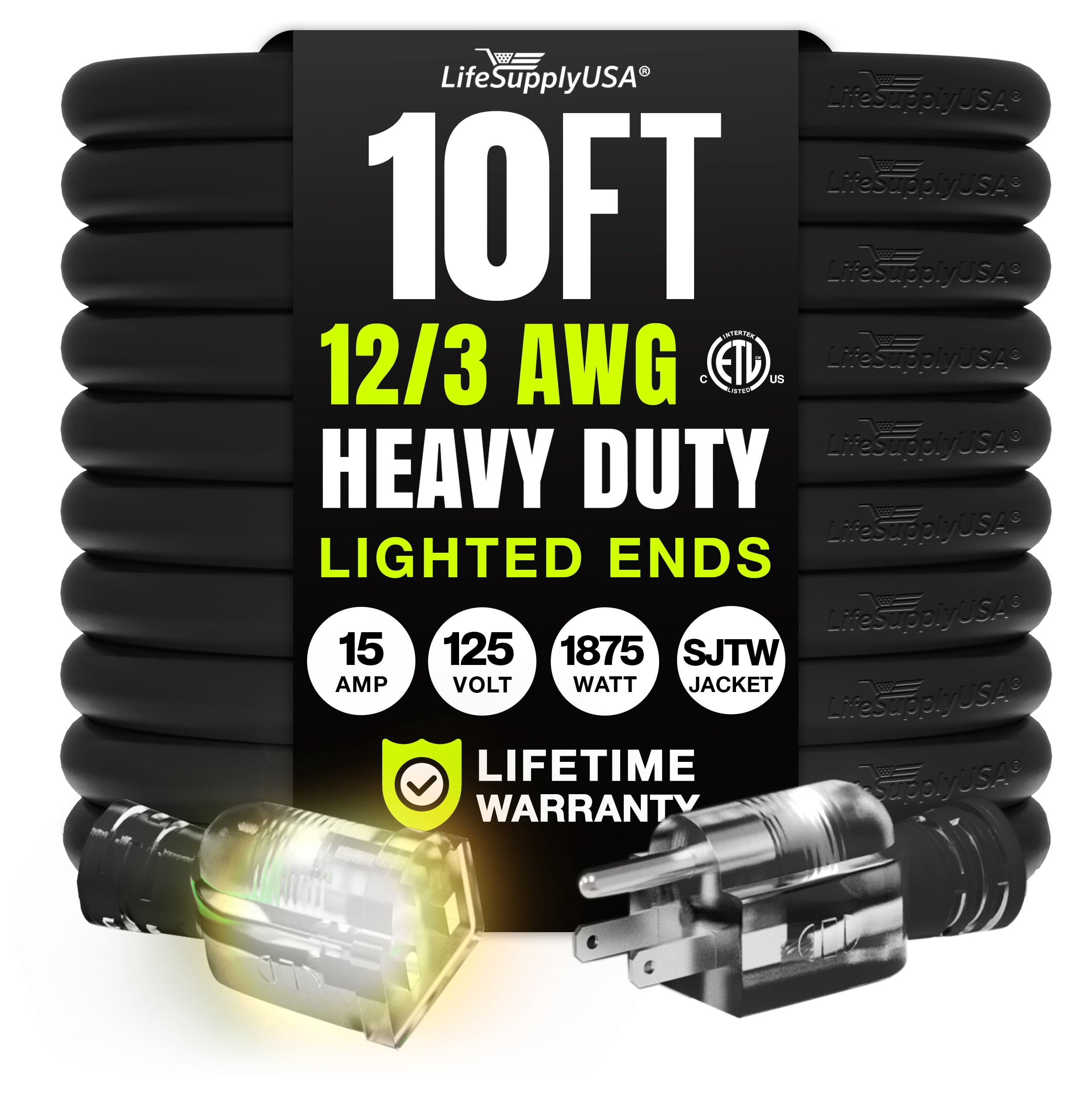 10 ft Power Extension Cord, Indoor Outdoor, Heavy Duty, 3 Prong SJTW, 12 Gauge, Lighted End, Extra Durability, 15 AMP 125 Volts 1875 Watts,12/3,ETL Listed, by LifeSupplyUSA - Black (1 Pack)