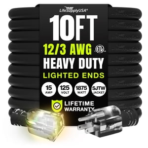 10 ft Cordon d'extension de puissance, intérieur extérieur, lourd service, 3 Plonger SJTW, 12 Equipage, Fin éclairé, Durabilité extra, 15 AMP 125 Volts 1875 watts, 12/3,ETL Énumérés, par LifeSupplyUSA - Noir (1 Boîte)