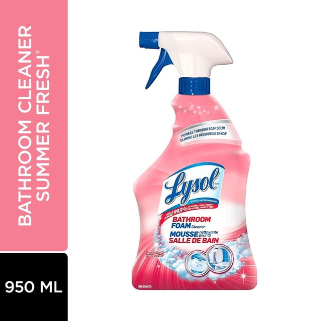 Lysol Nettoyant pour Salle de Bain à Vaporisateur, Parfum Fraîcheur Ensoleillée, dans une Bouteille Rose avec une Buse de Pulvérisation Bleue et Blanche. Conçu pour Nettoyer les Résidus de Savon, les Taches d'Eau Dure et la Crasse avec un Frottage minimal. Laisse un Parfum Frais. Idéal pour les Salles de Bain. la Taille de la Bouteille Est de 950 ml.