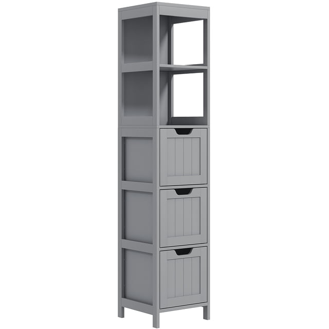 kleankin Armoire de Rangement Étroite pour Salle de Bain, Colonne de Linge Autoportante en Gris. Meuble de Salle de Bain compact et Haut avec Deux Étagères Ouvertes et Trois Tiroirs pour Organiser Serviettes et Articles de Toilette. Fabriqué en Matériau MDF durable avec Dispositif Anti-Basculement pour la Sécurité. Convient aux Espaces Étroits et aux Logements Partagés.