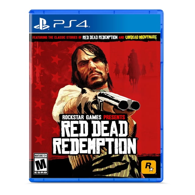 Red Dead Redemption (PS4) game cover with a red background featuring a character aiming a double-barreled shotgun forward, silhouettes of horse riders in the distance, Rockstar Games logo, and ESRB Mature 17+ rating.
