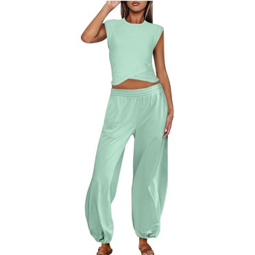 Wlynlyn Womens Two 2 Piece Sets Cap Sleeve Crop Top Long Pant Lounge Set Casual Outfits Tracksuit S-XXL