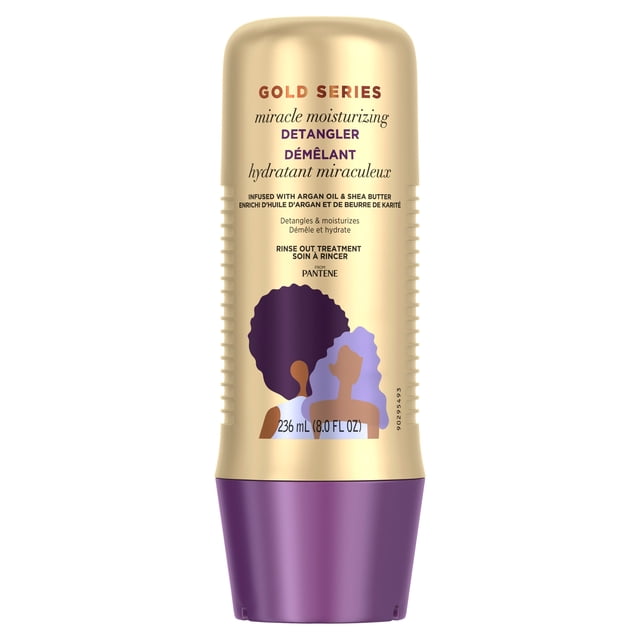Gold Series from Pantene Miracle Detangler with Argan Oil in a 236 mL gold and purple squeeze bottle featuring silhouettes of two women with curly and wavy hair, infused with argan oil and shea butter to moisturize and detangle curls and coils for easier combing and conditioning.