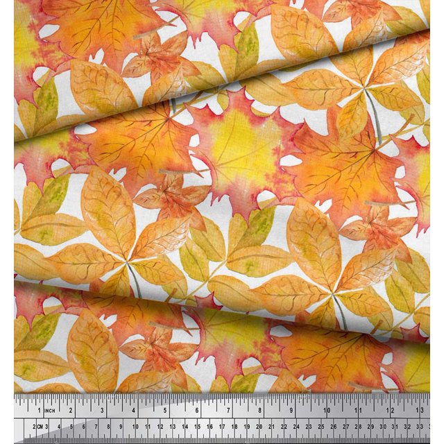 Soimoi YellowPolyester Georgette Fabric Autumn Leaves Print Sewing Fabric Yard 52 Inch Wide