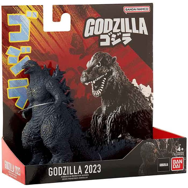 Godzilla Minus One 5 Inch Action Figure Soft Vinyl - Godzilla 2023 by Bandai. This 5-inch tall soft vinyl action figure features the iconic Godzilla 2023 design with articulated limbs for play and display. The figure is packaged in a vibrant L-box with bold red and black graphics, showcasing Godzilla imagery and branding. Suitable for ages 4 and up, not recommended for children under 3 due to small parts.