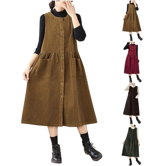 QATAINLAV Women's Corduroy Button Down Tank Dress Casual Crewneck Sleeveless Pinafore Dresses Over Knee Long Overall Dress with Pockets Coffee XXXL Lightening Sales