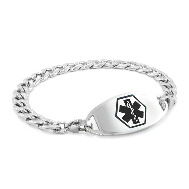 MedicEngraved Bracelet à Maillons Gourmette 7 mm en Acier Inoxydable 316L Chirurgical avec Étiquette Médicale en Émail - Gravure Médicale Incluse