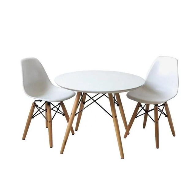 Eiffel Kids Set in Wood in white colour with a round white plastic tabletop and natural wood legs supported by black metal cross braces, including two white molded plastic chairs with matching natural wood legs and black metal supports, suitable for kitchen and dining use and easy to clean.