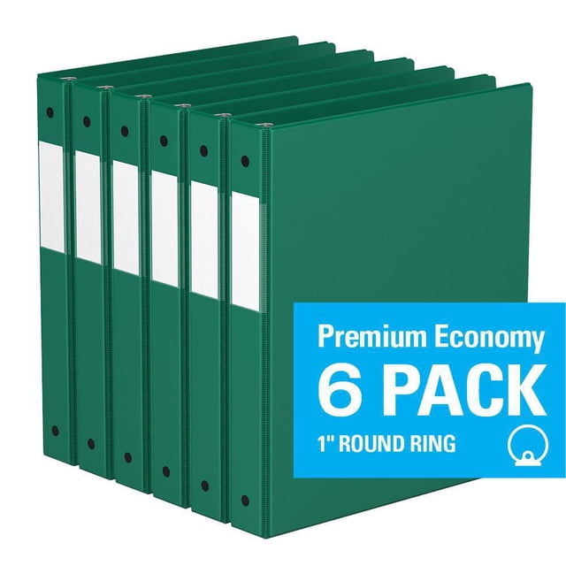 Davis Group Premium Economy Round Ring Binder 6 Pack, 1 inch, green binders with white label holders on spines and clear interior pockets, arranged side by side, ideal for organizing documents in office, school, or conference settings