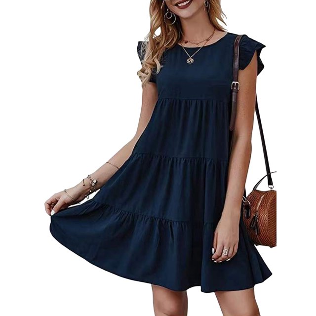 Faithtur Robe Plissée Décontractée pour Femmes, Adultes Printemps Couleur Unie Col Rond Manches Courtes une Pièce