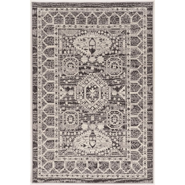 Vintage Hamadan Ivory & Charcoal 2' x 3' Accent Rug with a rectangular shape featuring intricate geometric and floral patterns in ivory and charcoal. Made of machine-made microfiber polyester, it has a short, soft pile with a velvet-like texture and subtle sheen. The distressed vintage design includes layered borders and a central medallion, ideal for accentuating small living spaces and often used as a decorative floor covering.