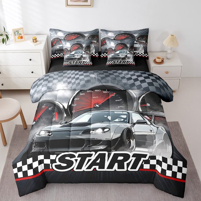 Erosebridal Teens Racing Car Bedding Sets Twin Size,Extreme Sports Comforter Sets with Sheets,Fast Car Decor,Reversible,Breathable,7-Piece