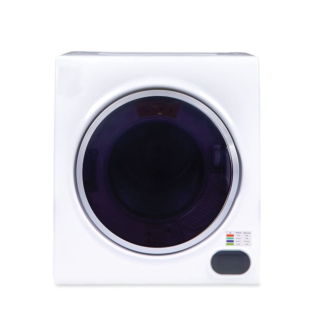 Equator Compact Vented Sensor Dryer 3.5cf/13lbs 110V Bottom control DIGITAL. A front-facing view of a compact white dryer with a transparent circular door and digital touch controls. Features include a 3.5-cu ft stainless steel drum, 5 drying programs, and a vented air intake system. Suitable for wall-mount, freestanding, or stackable installation. Ideal for small spaces and regular laundry needs.