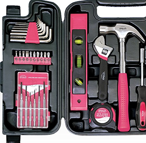 Apollo Tools DT9408P 53 Piece Household Tool Set with Wrenches, Precision Screwdriver Set and Most Reached for Hand Tools in Storage Case Pink Ribbon