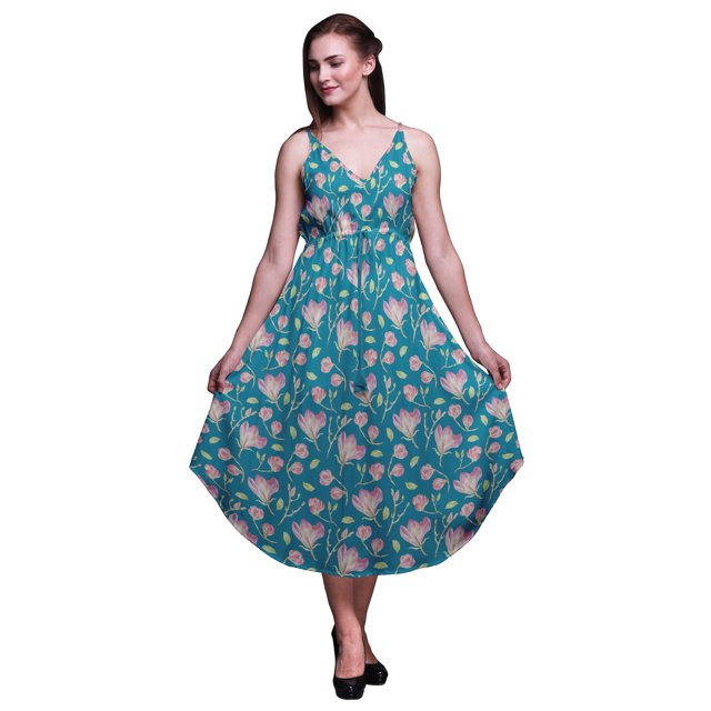 Bimba Robe de Plage Bohème Sans Manches Midi à Bretelles Imprimée Florale pour Femme - Xxx-Grand