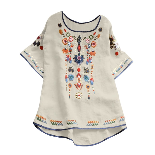 Blouses pour Femmes, T-Shirt Mode Décontracté Ample de Printemps Été pour Femmes, Couleur, Manches Courtes, Col Rond, Hauts Brodés, Blouse en Coton et Lin