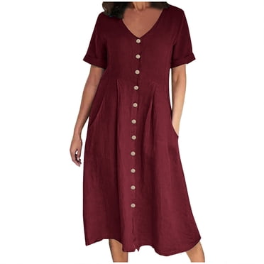 UPPADA Robe à Boutons pour Femme à Col en V, Manches Courtes, Ample, Décontractée, Longue Maxi, Coton et Lin, Style Bohème, Robe de Plage Fluide et Confortable avec Poches, Robes T-Shirt Bordeaux, XXXXXL
