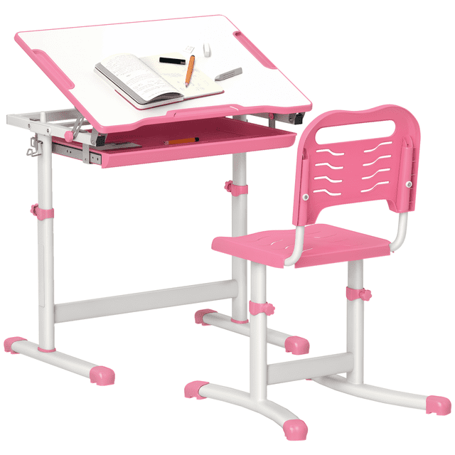 Qaba Ensemble Bureau et Chaise pour Enfants à Hauteur Réglable avec Plateau Inclinable, Rose