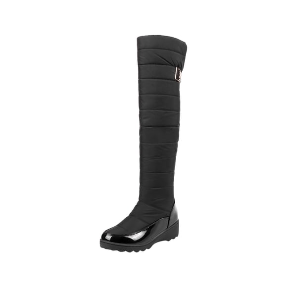 hopeusnice Women's Knee High Boots Winter Warm Snow Boots Padded Quilted Waterproof Platform Boots Buckle Decor Comfortable Shoes Black 37