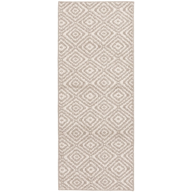 Mainstay Classic Loop 2x7 Indoor Area Rug with beige and cream geometric diamond loop pattern, woven from durable polypropylene frieze yarn, non-skid and machine washable, ideal for hallways and entryways, also suitable as a decorative accent runner.