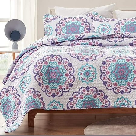 SLEEP ZONE Ensemble de Courtepointe Imprimée 3 Pcs - Très Grand Lit - Ensemble de Couvre-Lit Réversible Léger pour Toutes les Saisons (Motif Cercle Classique), Très Grand Lit (106x96 Pouces 2 Taies d'Oreiller)