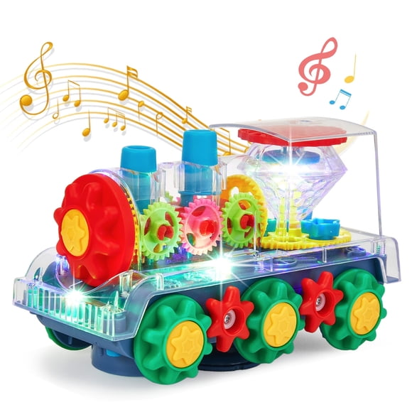Zacro Transparent Electric Gear Train Toy, 360 Rotating Toy Train with Flashing Lights and Music, Bump and Go Train Toys for Toddler Boys Girls