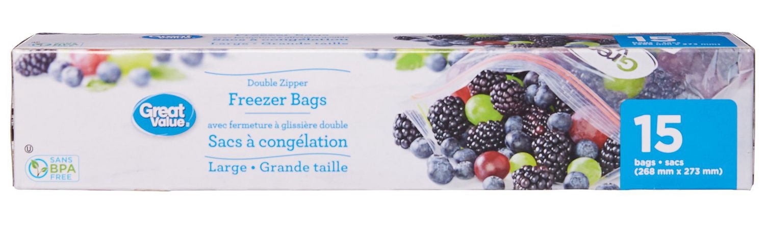 Great Value Double Zipper Freezer Bags, Large, 15 Bags
