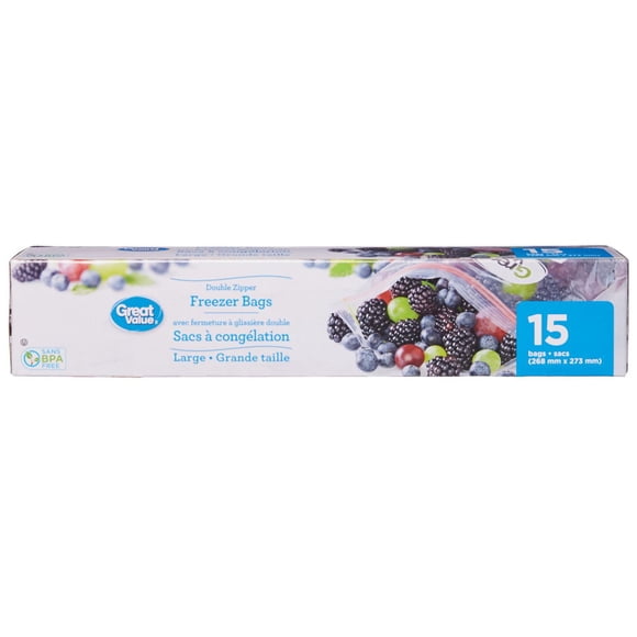 Great Value Double Zipper Freezer Bags, Large, 15 Bags