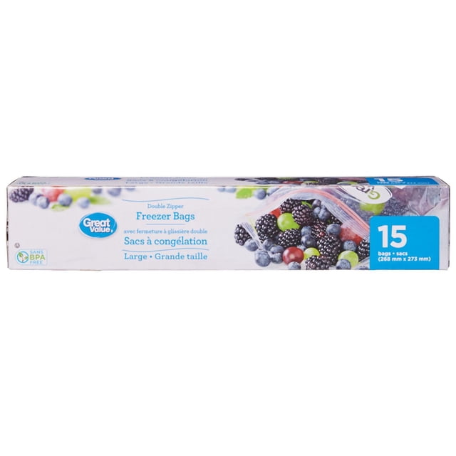 Great Value Large Double Zipper Freezer Bags box with 15 BPA-free bags measuring 268 mm by 273 mm, featuring a clear bag filled with assorted berries including blackberries, blueberries, and grapes, labeled in English and French for freezer food storage.