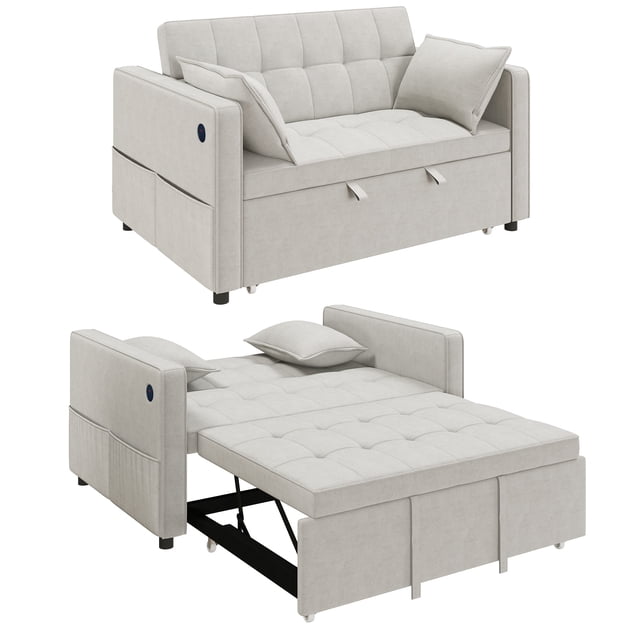 HOMCOM Sofa Bed, Pull Out Sleeper Sofa w/ USB Charging, Adjustable Backrest