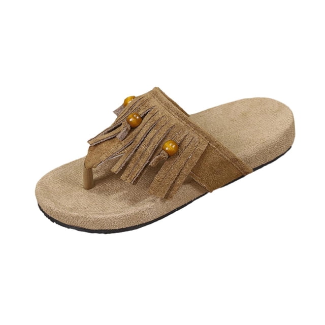 Xfvqtps Tongs pour Femmes Boho Perles Pompon Franges Sandales à Enfiler Plates Été Confort Plage Décontracté Extérieur
