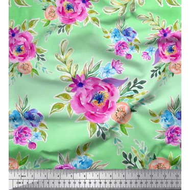 Soimoi Green Satin Silk Fabric Leaves & Pink Floral Watercolor Decor Fabric Printed BTY 42 Inch Wide