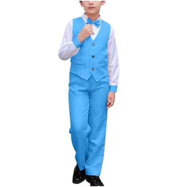 Hinvhai Boys Suit Set formal Dress Shirt with Bow Tie, Slim Vest and Pants Toddler Boy Clothes Suits Sky Blue 5-6Years