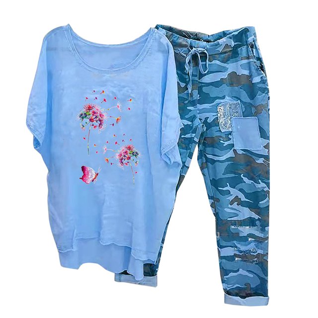 Ensembles d'Entraînement pour Femmes 2 Pcs T-Shirt à Col Rond Imprimé à Manches Mi-Longues à Enfiler Hauts + Pantalon Ensemble de Pantalons Ensembles pour Femmes en Liquidation