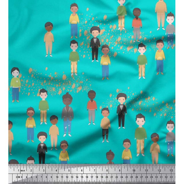 Soimoi Green Poly Georgette Fabric Human Group Print Fabric by Yard 42 Inch Wide