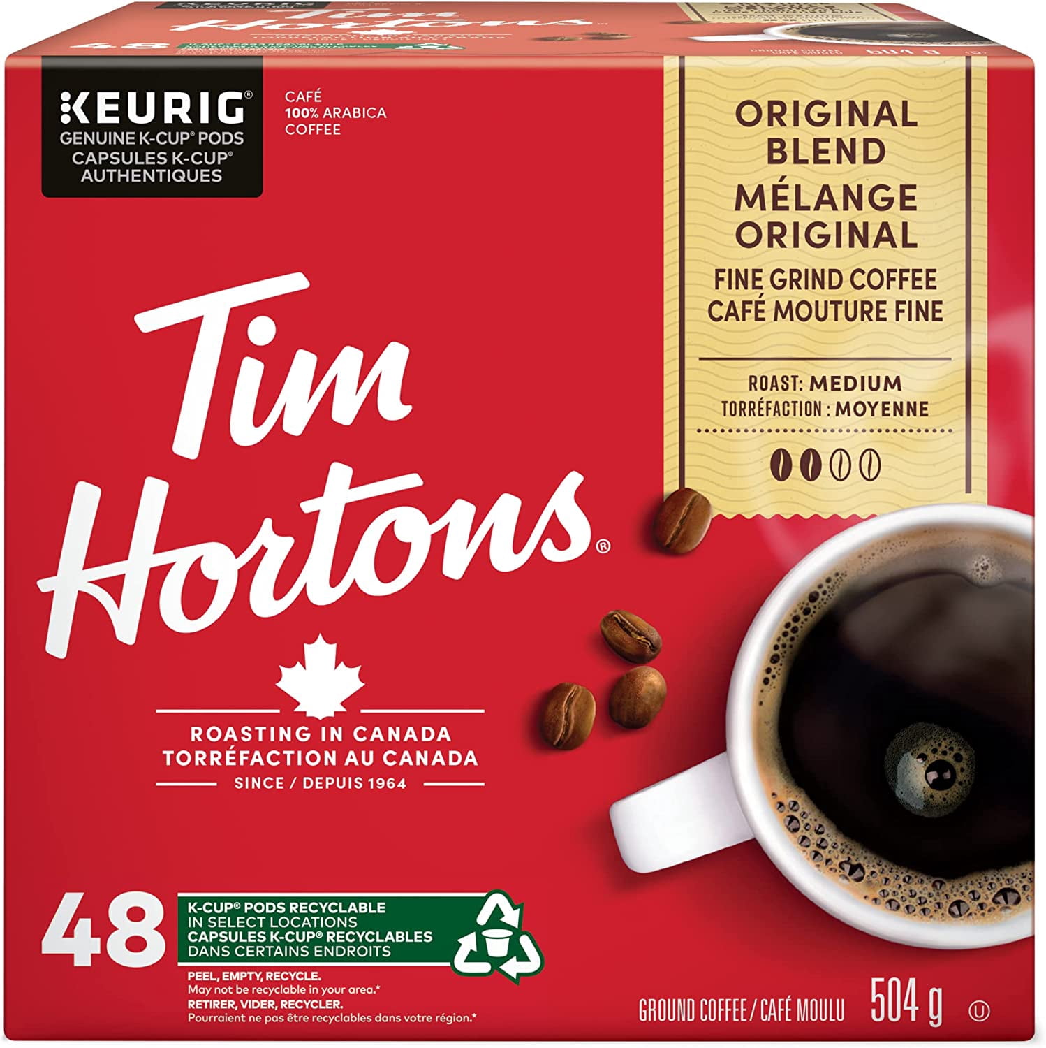 Tim Hortons Original Blend Medium Roast Coffee Pods, Single-Serve K-Cups, Compatible with Keurig Coffee Makers, Smooth & Balanced Flavour, Rich Taste, 48 Count
