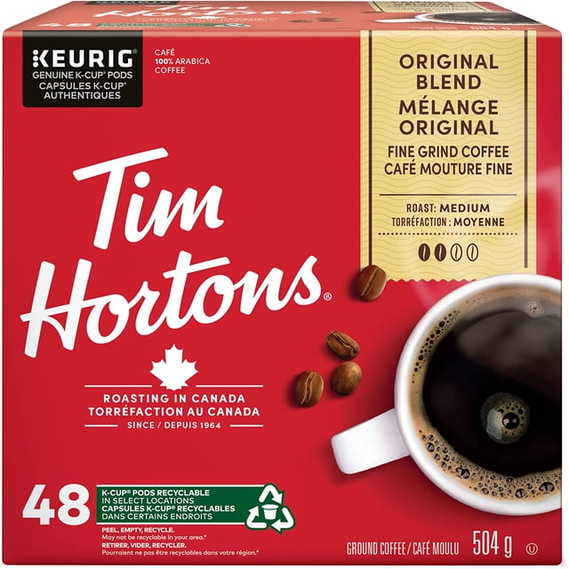 TH ORIGINAL SS 48 Ct Tim Hortons ORIGINAL Mélange Torréfaction Moyenne Café Capsules K-Cup Boîte avec 48 Capsules Recyclables à Portion Individuelle, Emballage Rouge Montrant des Grains de Café et une Tasse de Café Noir, 504 g Café Moulu pour Cafetières Keurig, Convient Aussi aux Méthodes d'Infusion Rapides à la Maison